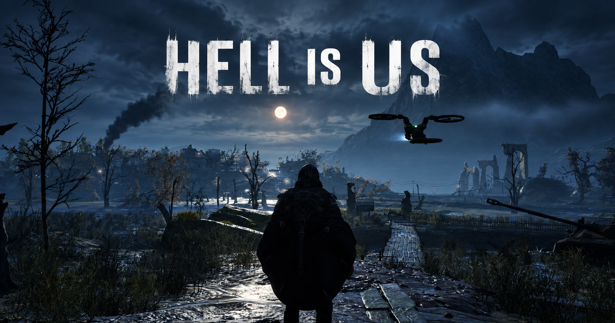 Rémi contempla Hadea bajo la luna acompañado por su dron, con el título Hell is Us sobre el paisaje.