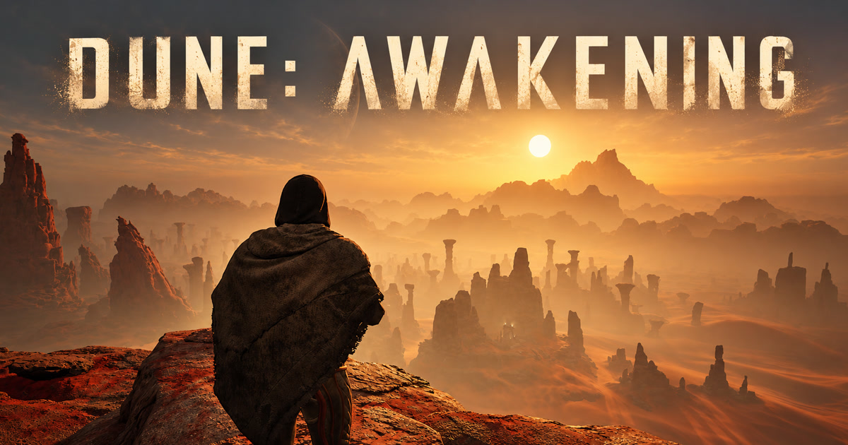 Un superviviente contempla el desierto de Arrakis al atardecer bajo el título Dune: Awakening.